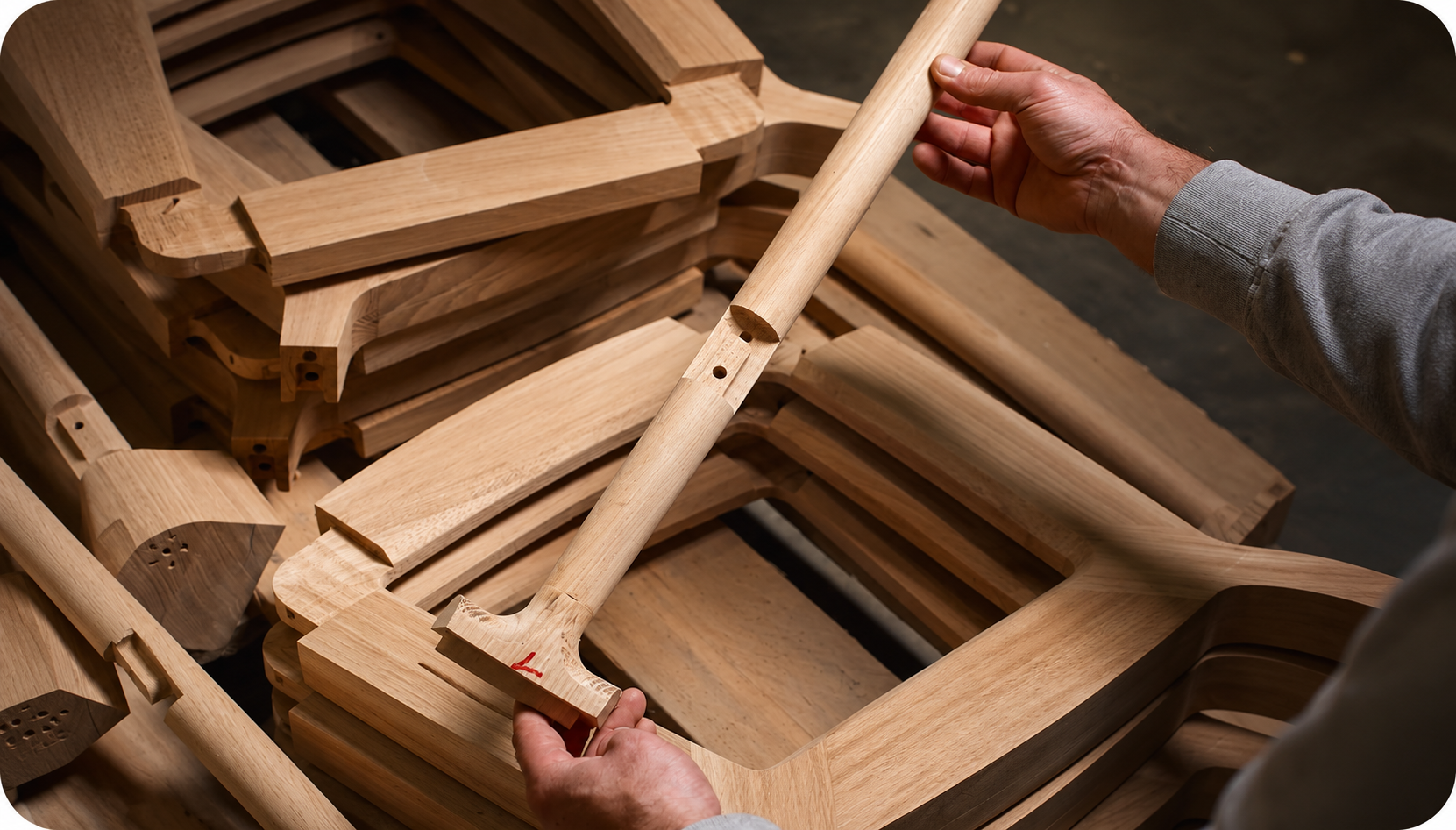 Thợ lắp ráp khung gỗ Woodpro, căn chỉnh các chi tiết gỗ trong quá trình hoạt động.